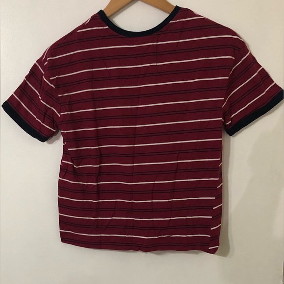Women’s front tie Top: pullover, crewneck, short sleeves burgundy stripes.Large - Picture 2 of 2